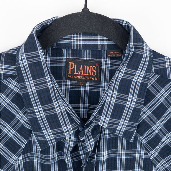Plains Western Shirt Men's Large Long Sleeve Pearl Snaps Plaid Blue White - Picture 2 of 11